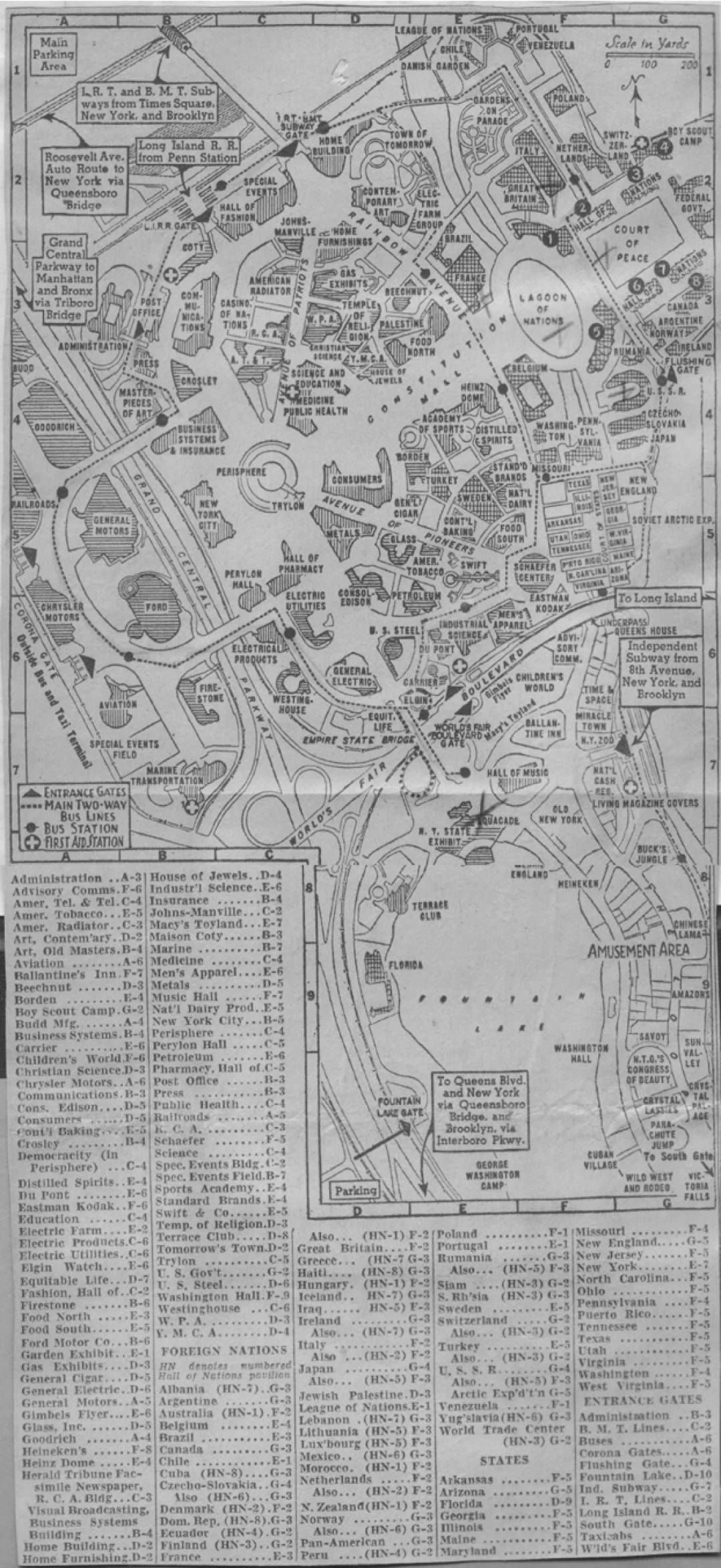Map of the 1939 World's Fair in New York that shows the location of Exhibits and access to the Fair by Train, Bus, and Automobile. Public Domain.