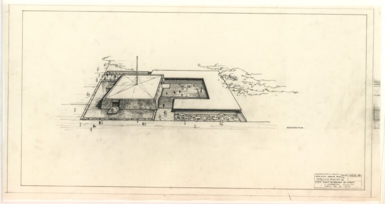 Architectural drawing pencil on yellowed paper of the Japan pavilion from the 1965-1965 World's Fair.