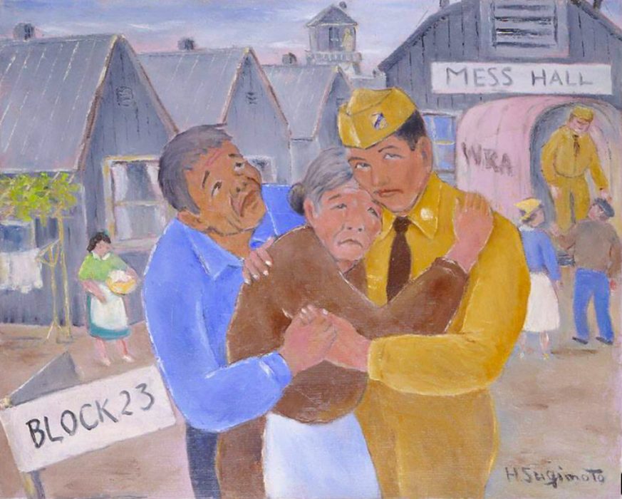 Henry Sugimoto, Goodbye My Son, c. 1942. Oil on canvas, 26 1/4 × 32 1/2 × 3/4 in. Japanese American National Museum, Gift of Madeleine Sugimoto and Naomi Tagawa, Henry Sugimoto Collection, 92.97.46. Painted at Denson, Arkansas.