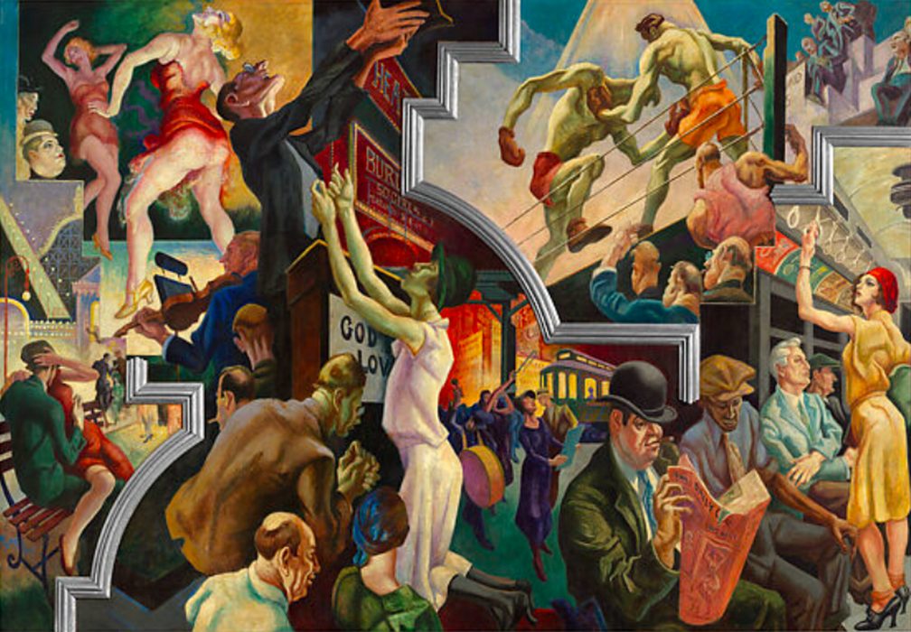 Thomas Hart Benton, City Activities with Subway, from America Today, 1930–31. Egg tempera with oil glazing over Permalba on a gesso ground on linen mounted to a wood panel with a honeycomb interior, 92 3/16 in. × 11 ft. 2 7/8 in. × 1 5/8 in. (234.2 × 342.6 × 4.1 cm). The Metropolitan Museum of Art, Gift of AXA Equitable, 2012, 2012.478e.