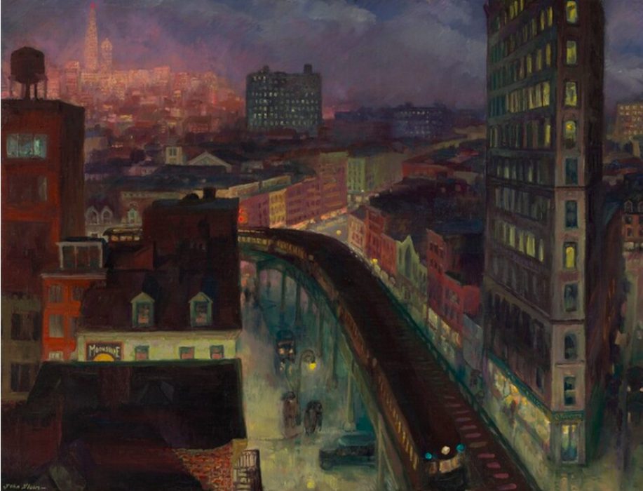 John Sloan, The City from Greenwich Village, 1922. Oil on canvas, overall 66 × 85.7 cm (26 × 33 3/4 in.); framed 87.31 × 107.32 × 6.35 cm (34 3/8 × 42 1/4 × 2 1/2 in.). National Gallery of Art, Washington, D.C., Gift of Helen Farr Sloan, 1970.1.1.