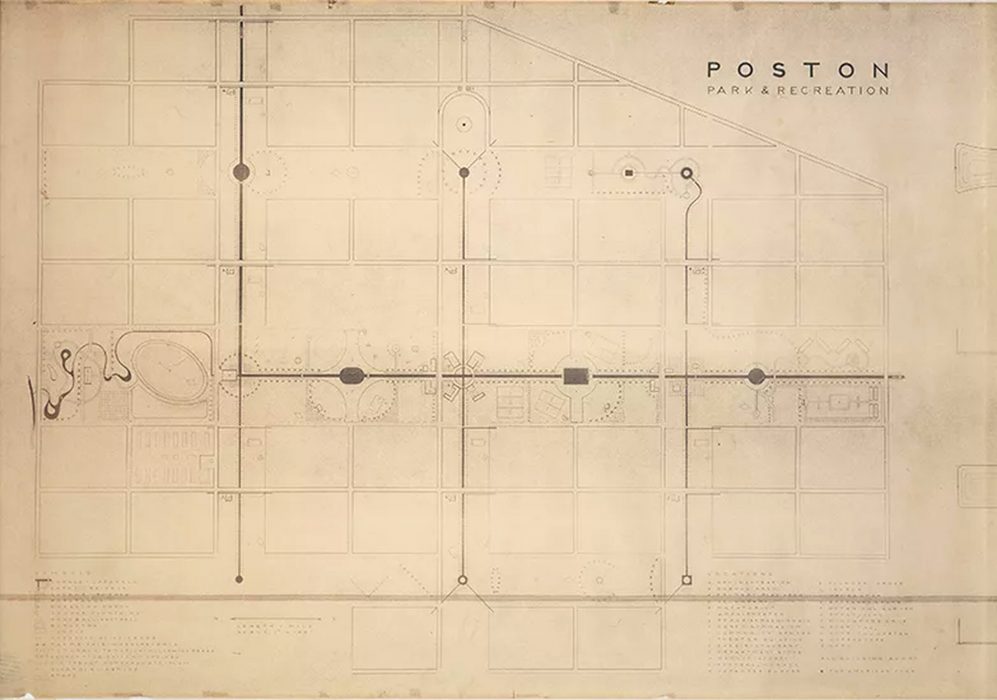 Isamu Noguchi, Park and Recreation Areas at Poston, Arizona, 1942. Blueprint, 42 3/8 × 88 in. (107.6 × 223.5 cm). The Isamu Noguchi Foundation and Garden Museum, archive reference 00056. Photograph by Kevin Noble.