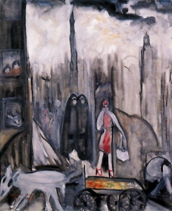Hisako Hibi, Frightful New York, 1946. Oil on canvas, 24 × 20 in. (61 × 50.8 cm). Brooklyn Museum, Dick S. Ramsay Fund, 2023.26.1.
