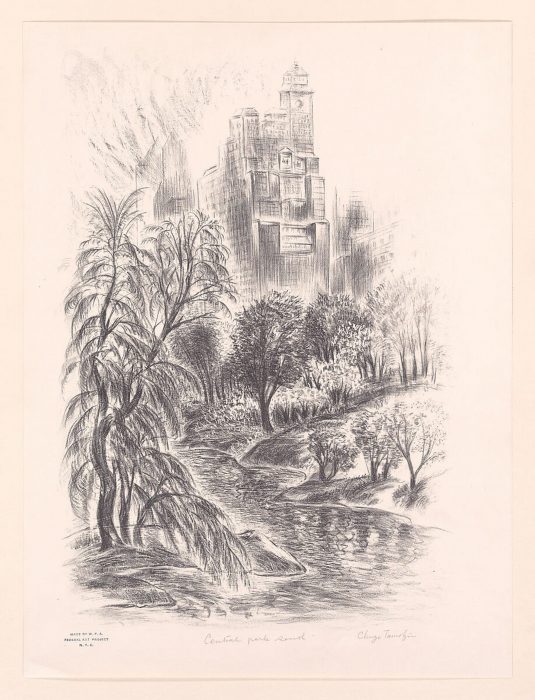 Chūzō Tamotzu, Central Park South, 1935–43. Lithograph, sheet 16 5/8 × 12 1/2 in. (42.2 × 31.7 cm). The Metropolitan Museum of Art, Gift of the Work Projects Administration, New York, 1943, 43.33.1083. Published by the WPA.