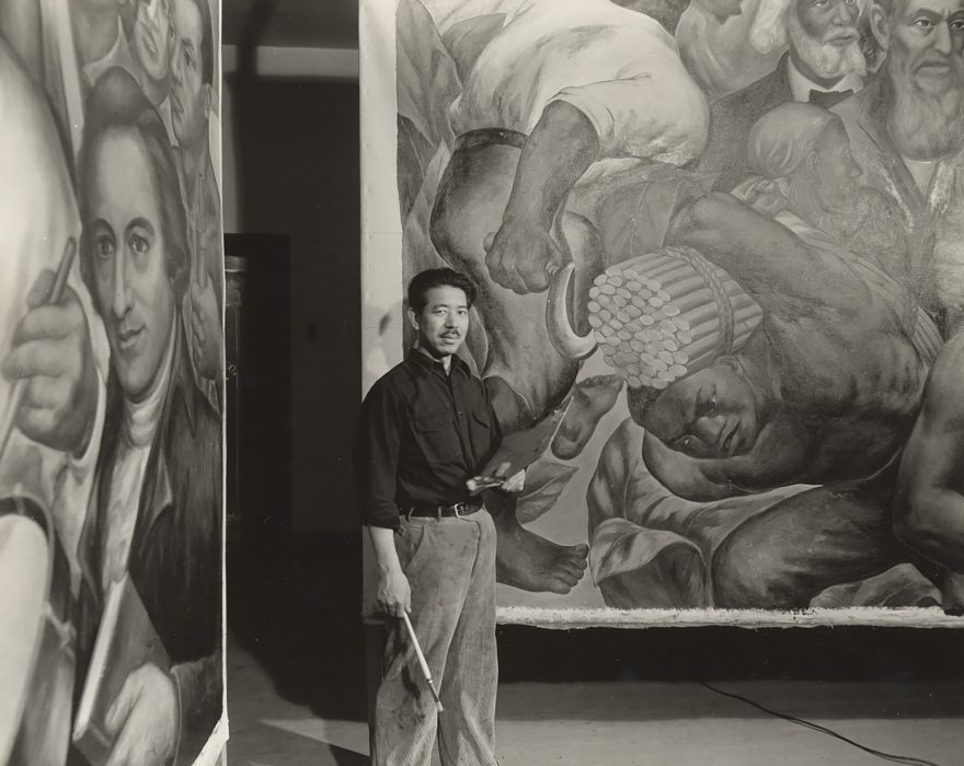 Eitaro Ishigaki standing before his Harlem Courthouse mural, c. 1940.
Collection/Credit: Federal Art Project, Photographic Division collection, circa 1920-1965. Archives of American Art, Smithsonian Institution.