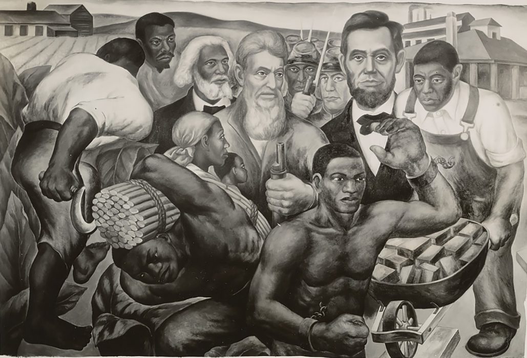 Eitaro Ishigaki's The Civil War mural at the Harlem Courthouse in New York, c.1937. Courtesy of Federal Art Project, Photographic Division collection, circa 1920-1965. Archives of American Art, Smithsonian Institution.