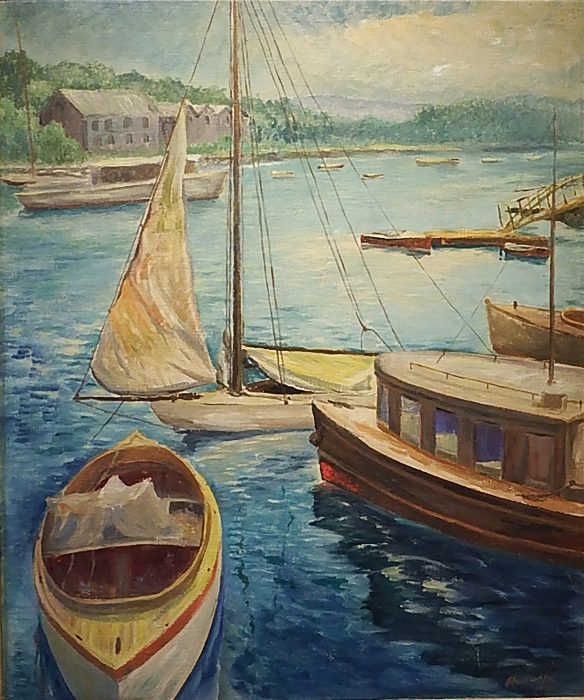 Yosei Amemiya, Snug Harbor, 1936. Oil painting, 20 × 23 in. Fine Arts Collection, U.S. General Services Administration; located at the Genesee Valley Council on the Arts, Mount Morris, New York. Federal Art Project / New Deal Gallery, FA18110.