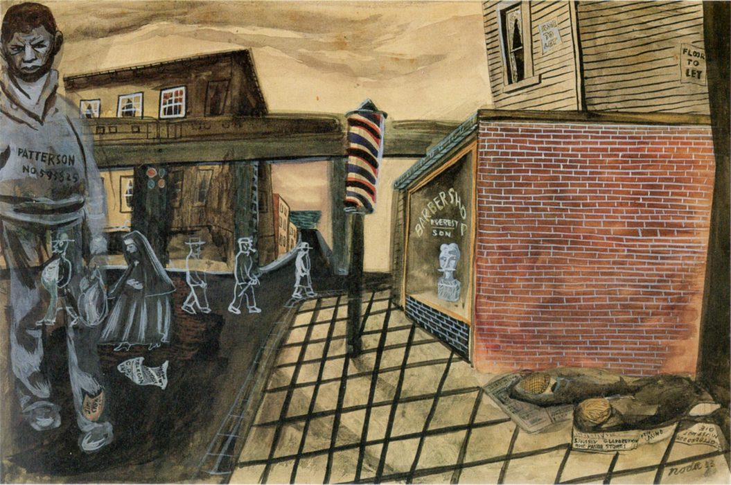 Hideo Noda, Scottsboro Boys, 1933. Gouache on board, 27.1 × 40.8 cm. Noda Memorial Museum (collection as of 1987). Image source: Seiichirō Kuboshima, ed., Hideo Noda (Heibonsha, 1987).