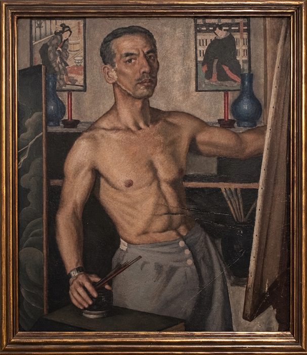 Jisaburo Sugimori (George Tera), Self-Portrait, date unknown.
Oil on canvas. Sugimori depicts himself at work before an easel, with ukiyo-e prints and Japanese ceramic vessels visible in the interior behind him. The painting has sustained visible damage, including a slash across the canvas. Photograph courtesy of Nancy Kitchen and the Sugimori family.